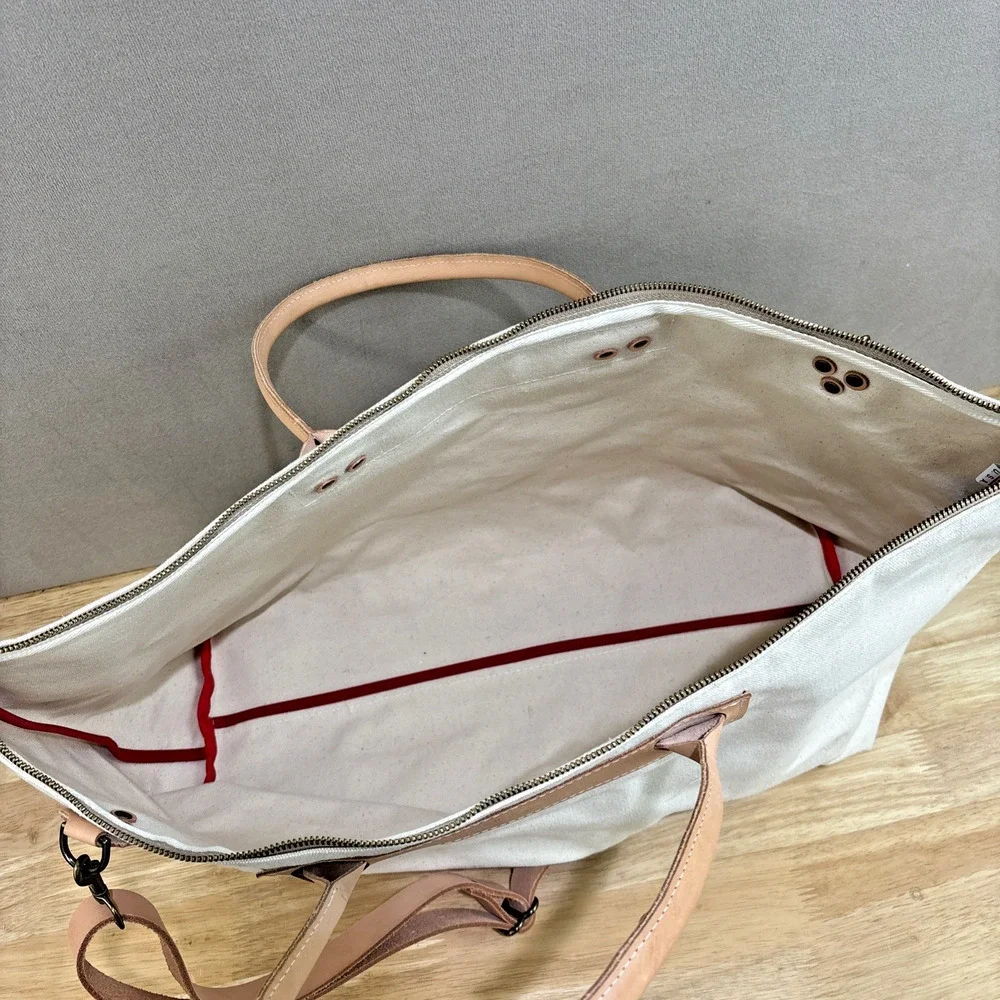 Hunker Goods Charleston Canvas White Leather Handle Large Duffel Bag NWT